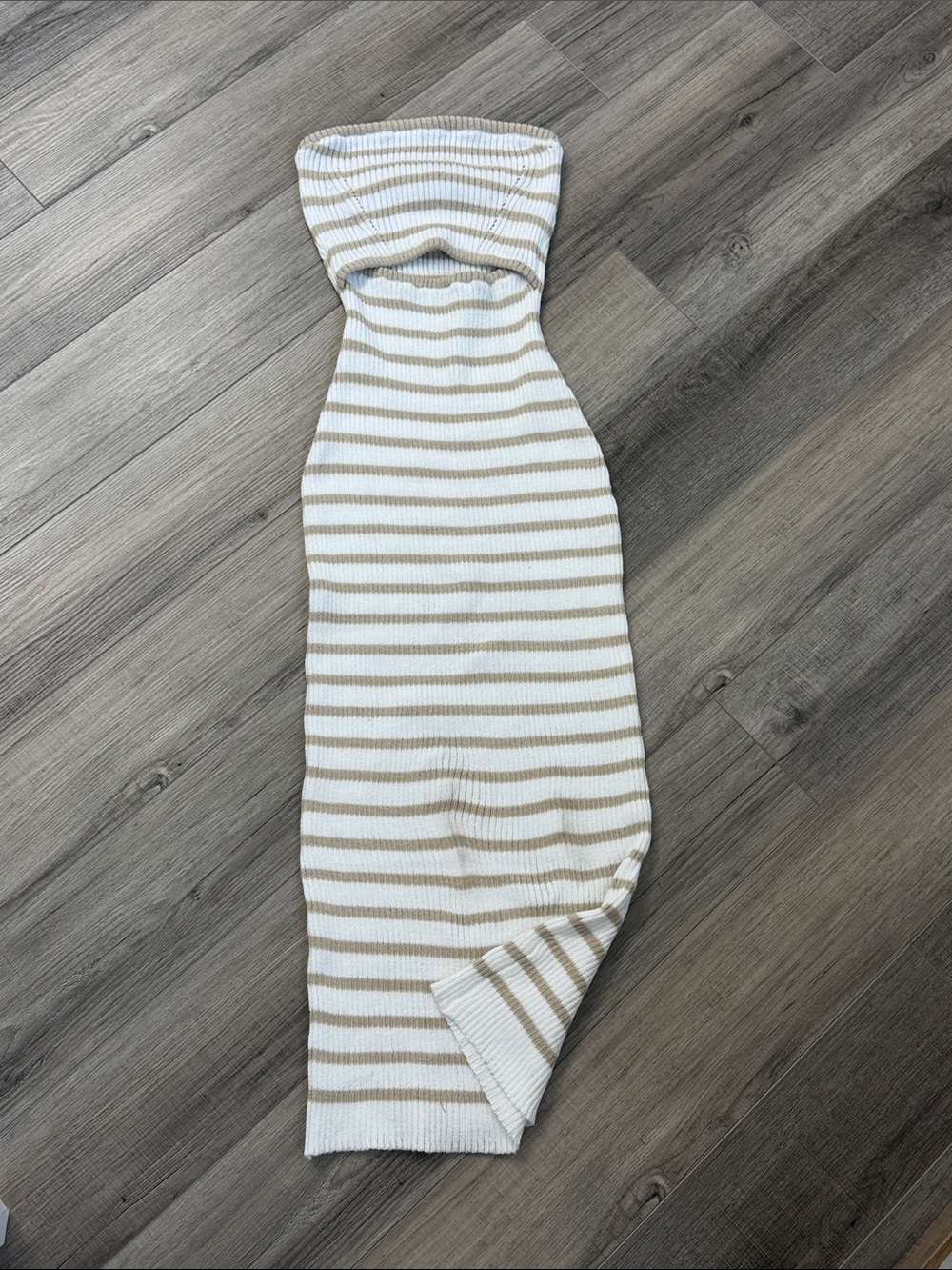 Amazon Strapless Ribbed Dress in White and Tan Stripes - Picture 2 of 2